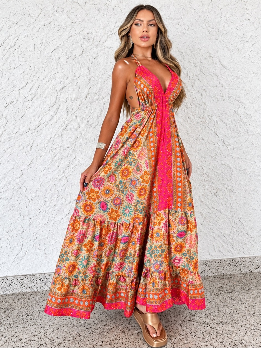Colorful Boho Paisley Floral Maxi Dress – Pink & Orange Tiered Cutout Sundress L